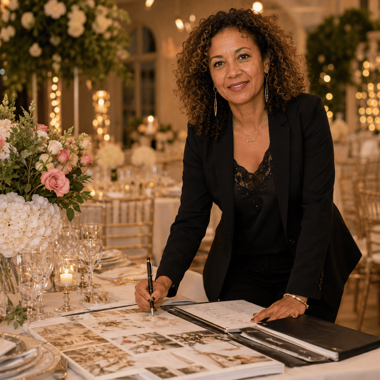 Une femme vêtue d'un tailleur noir sourit, debout près d'une élégante table de réception, en train d'organiser l'événement grâce à la « FORMULE ORGANISATION COMPLÈTE » de VIRGINIE DECORATRICE, au milieu de magnifiques compositions florales et de bougies, dans une salle décorée avec goût.