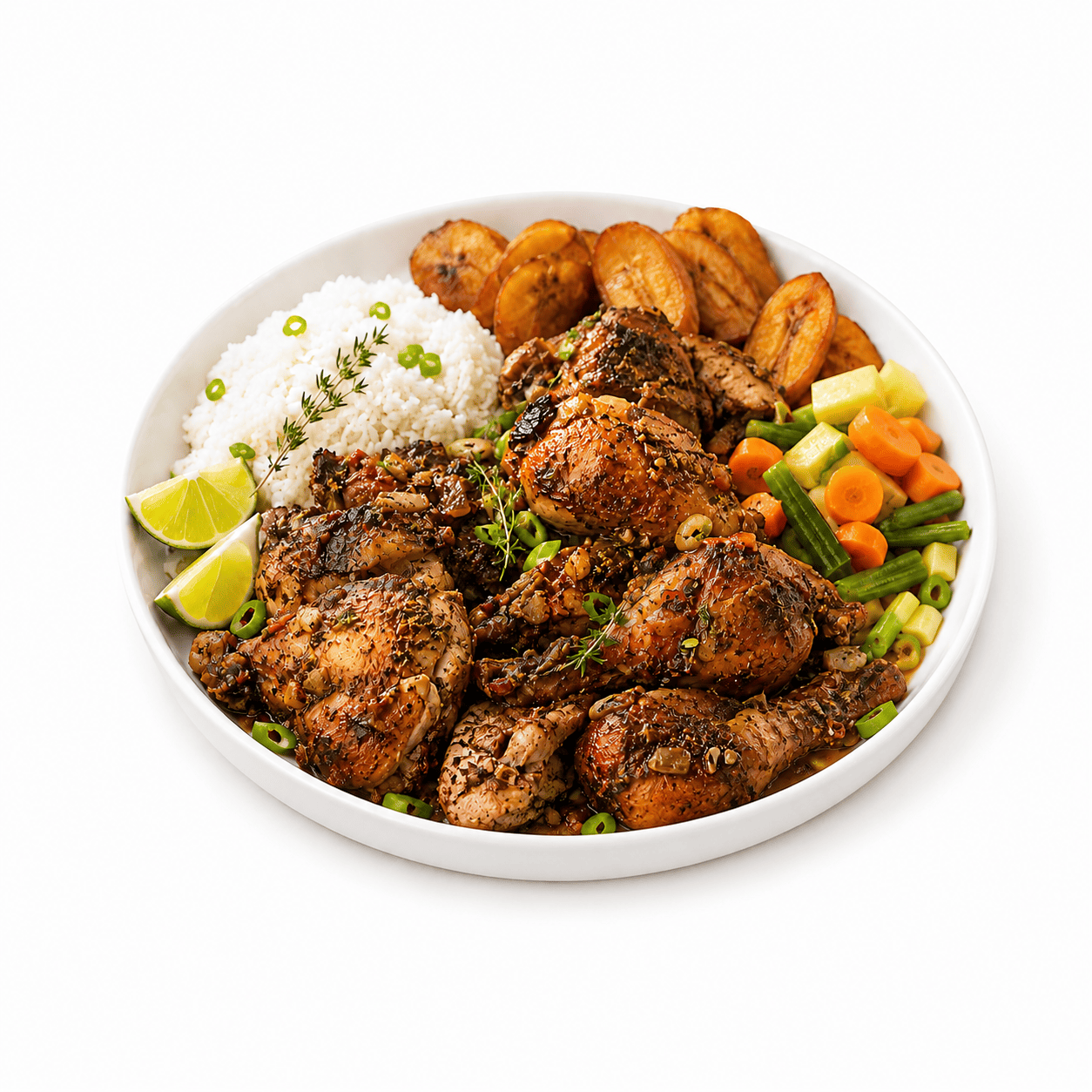 Une assiette de COQ ROUSSI (commande minimum : 5 portions - 300 g par portion) servie avec du riz blanc, des bananes plantains frites, un mélange de légumes cuits à la vapeur, des quartiers de citron vert, et agrémentée d'oignons verts et de thym.