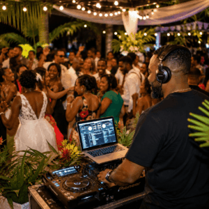 Un DJ professionnel (7 heures de prestation) anime musicalement une réception de mariage en plein air, où les invités dansent et font la fête sous des guirlandes lumineuses tandis que la mariée, vêtue de blanc, se mêle à la foule.