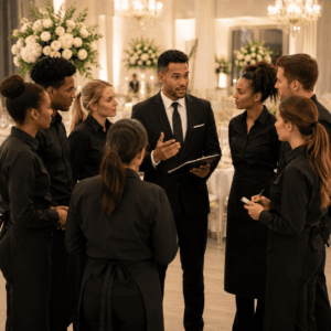 Un homme en costume, tenant un bloc-notes, s'adresse à six membres du personnel attentifs, vêtus d'uniformes noirs — représentant le PERSONNEL DE SERVICE (Formule 4h) — dans une salle de banquet élégante et fleurie.