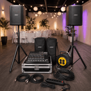 Un kit de sonorisation composé de deux enceintes Bose sur pied, d'une table de mixage, de câbles, d'une multiprise et de sacs de rangement, installé dans une salle de réception décorée, équipée de tables rondes et de guirlandes lumineuses.
