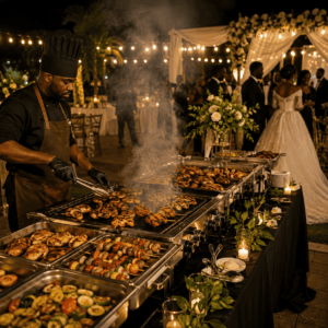 Lors d'une élégante soirée en plein air, avec des tables décorées et des guirlandes lumineuses, un chef fait griller de la viande dans le cadre d'une « BARBECUE PARTY », tandis qu'en arrière-plan, des invités en tenue de soirée — dont les mariés — profitent des festivités.