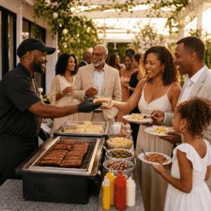 Un chef sert des HOT-DOGS ANIMÉS (commande minimum : 25 hot-dogs) à une femme souriante lors d'un buffet en plein air, tandis que ses amis et sa famille — dont une petite fille — profitent de ce moment de convivialité sous des guirlandes lumineuses, avec divers plats et condiments disposés sur la table.