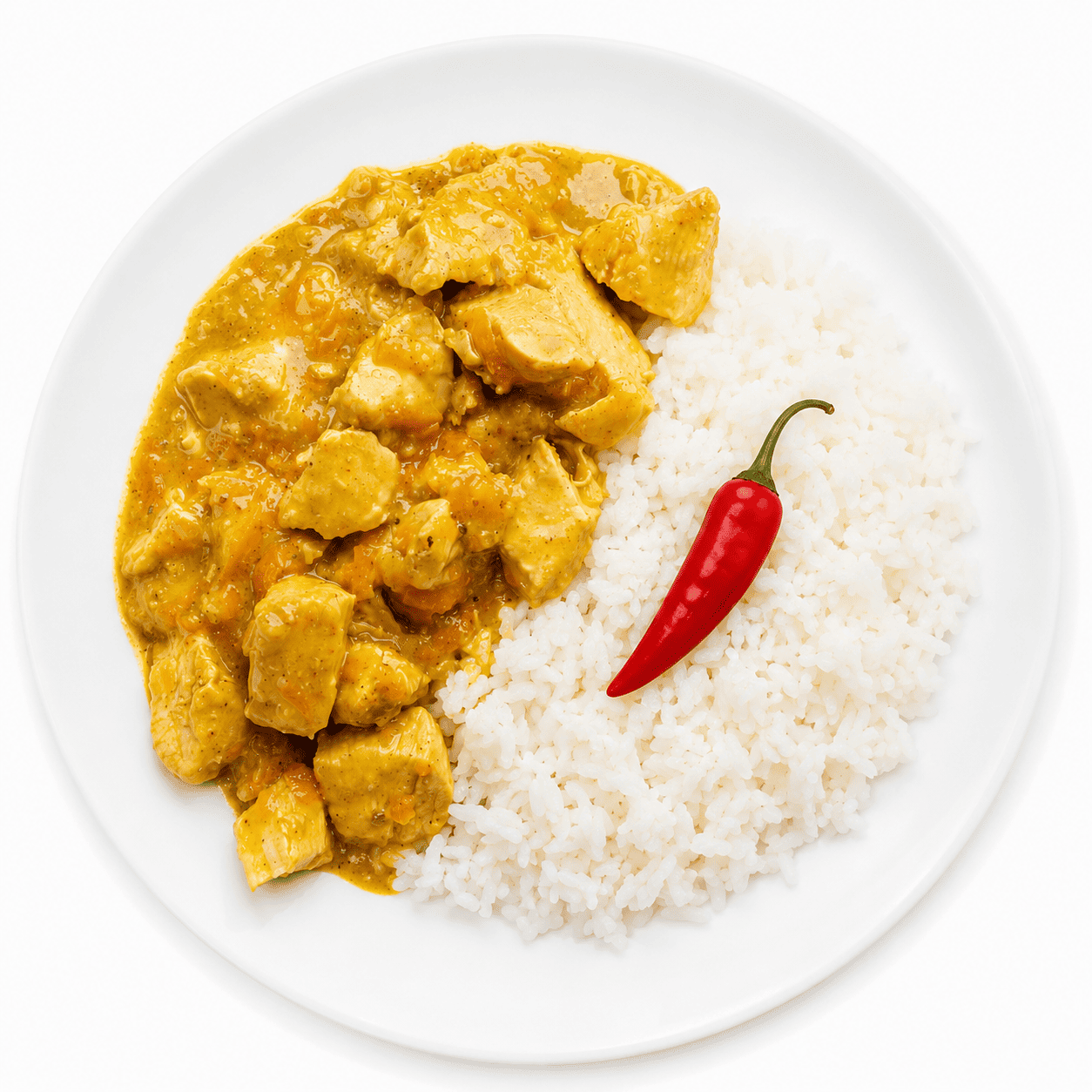 Une assiette blanche présentant un « COLOMBO DE POULET » (6 portions minimum), accompagné de riz blanc et décoré d'un piment rouge posé dessus, le tout sur un fond blanc uni.