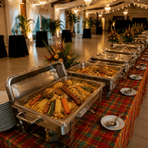Une table de buffet proposant du COUSCOUS ROYAL, accompagnée de plateaux de légumes et de riz, est dressée dans une salle de banquet décorée de plantes et de lumières, avec des assiettes soigneusement empilées disposées sur le côté.