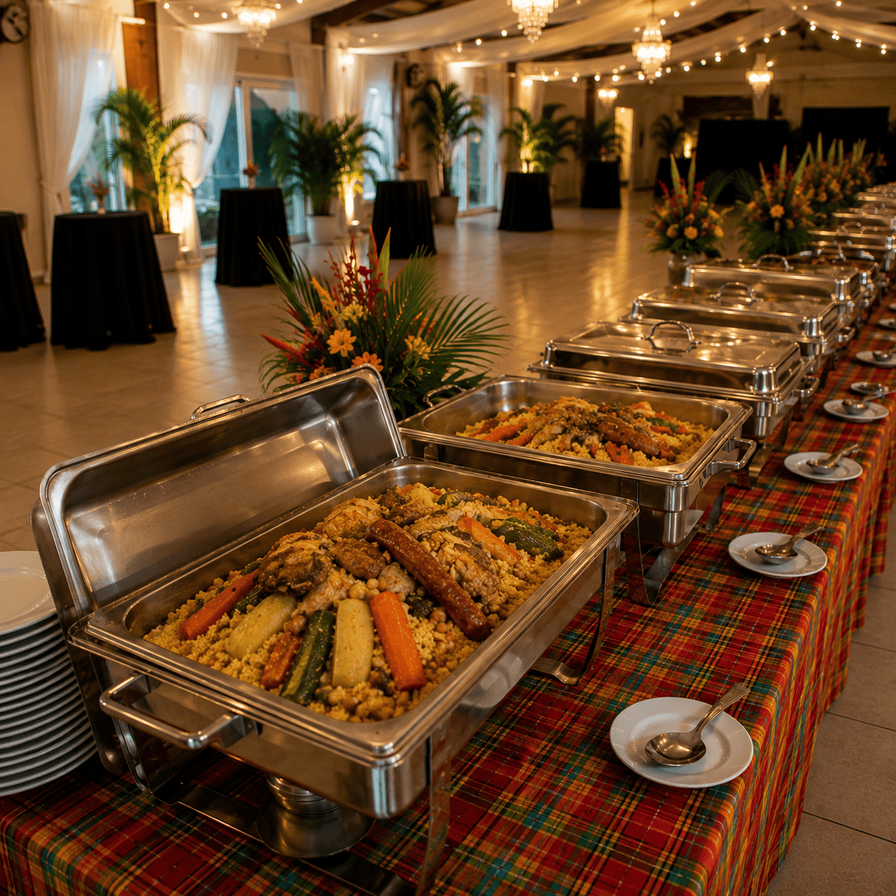 Une table de buffet proposant du COUSCOUS ROYAL, accompagnée de plateaux de légumes et de riz, est dressée dans une salle de banquet décorée de plantes et de lumières, avec des assiettes soigneusement empilées disposées sur le côté.
