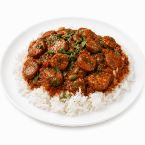Une assiette blanche garnie de riz blanc, surmontée de « ROUGAIL SAUCISSES DE LA RÉUNION » — un plat savoureux à base de saucisses et de tomates — et agrémentée d'herbes hachées.