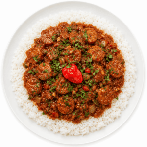Une portion de « ROUGAIL SAUCISSES DE LA RÉUNION » (6 portions minimum) composée d'un ragoût de saucisses épicées servi sur du riz blanc, garni d'herbes hachées et d'un poivron rouge entier au centre.