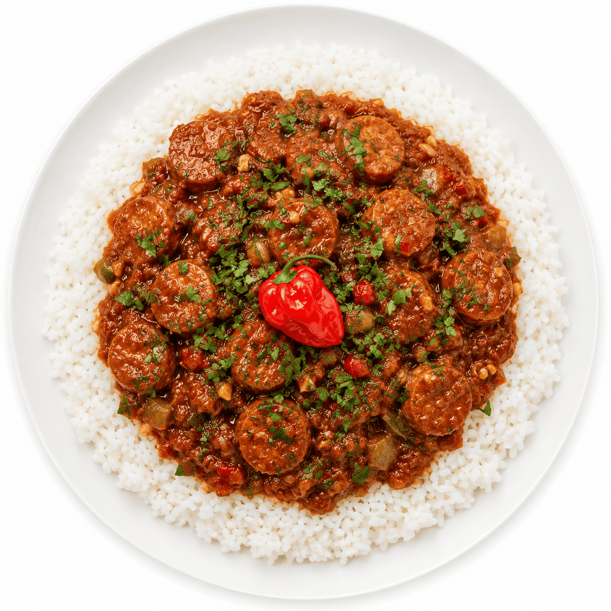 Une portion de « ROUGAIL SAUCISSES DE LA RÉUNION » (6 portions minimum) composée d'un ragoût de saucisses épicées servi sur du riz blanc, garni d'herbes hachées et d'un poivron rouge entier au centre.