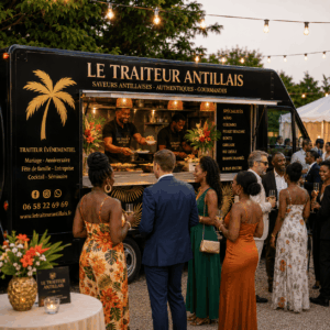 Des invités en tenue de soirée se rassemblent autour du FOOD TRUCK LE TRAITEUR ANTILLAIS (pour un minimum de 20 personnes), un véhicule noir aux lignes épurées orné de fleurs tropicales. Les chefs servent une cuisine antillaise haute en couleurs lors de cette soirée animée en plein air, éclairée par des guirlandes lumineuses suspendues au-dessus des têtes.