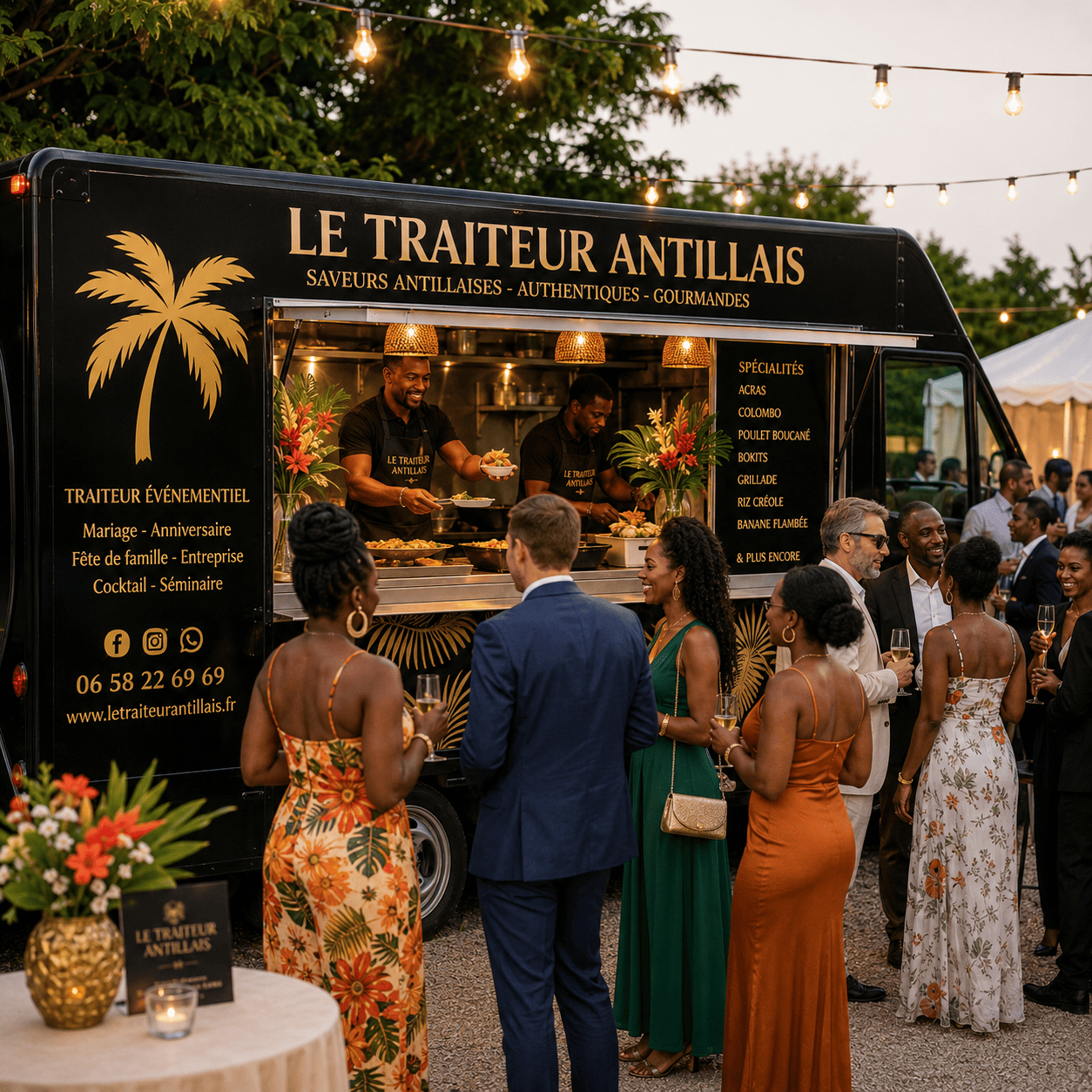 Des invités en tenue de soirée se rassemblent autour du FOOD TRUCK LE TRAITEUR ANTILLAIS (pour un minimum de 20 personnes), un véhicule noir aux lignes épurées orné de fleurs tropicales. Les chefs servent une cuisine antillaise haute en couleurs lors de cette soirée animée en plein air, éclairée par des guirlandes lumineuses suspendues au-dessus des têtes.