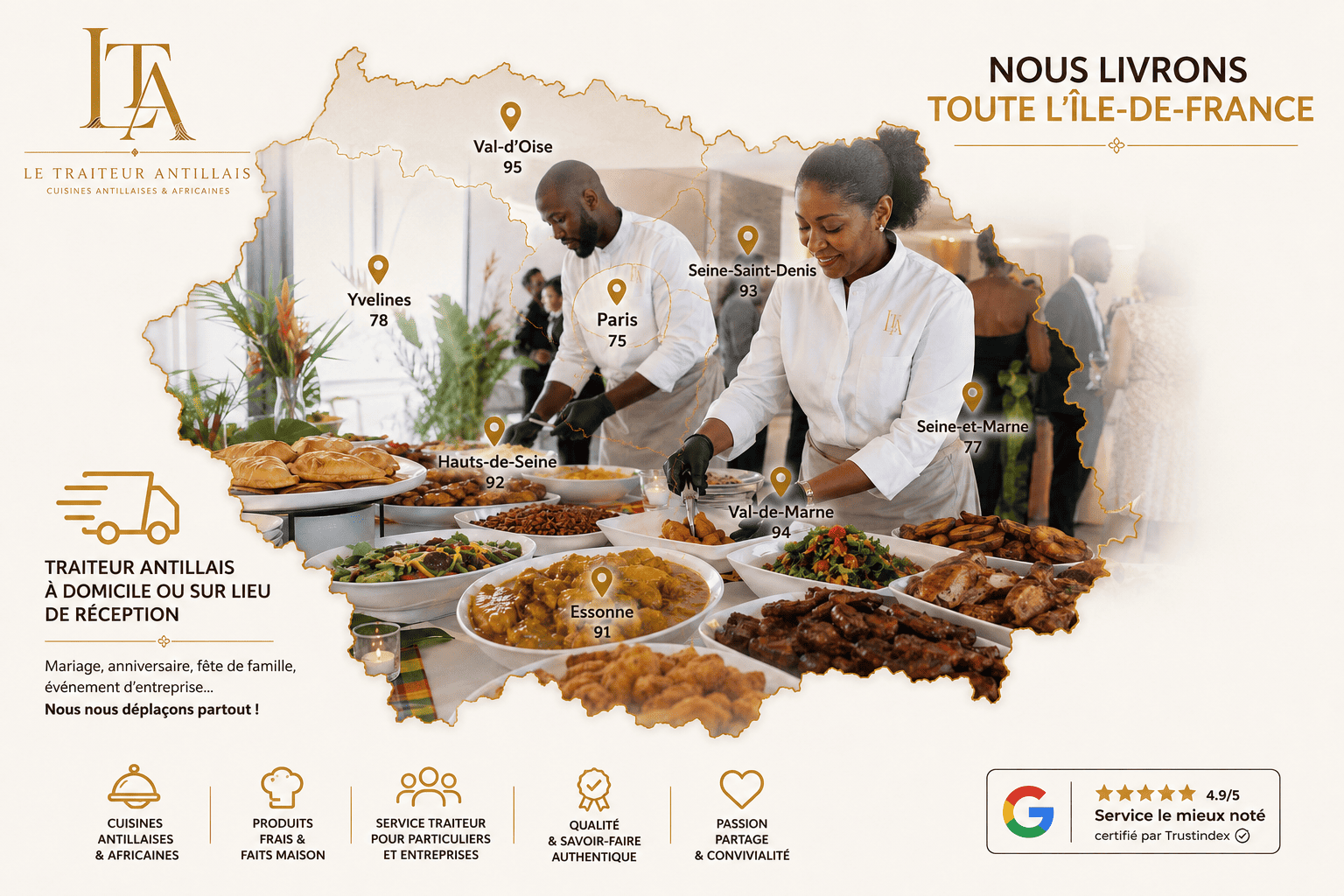 Deux chefs proposent des plats antillais sous forme de buffet. Une carte indique les zones de livraison en Île-de-France. Le texte met en avant les services de traiteur à domicile ou pour des événements, les options de menu et un avis Google noté 4,9 étoiles.