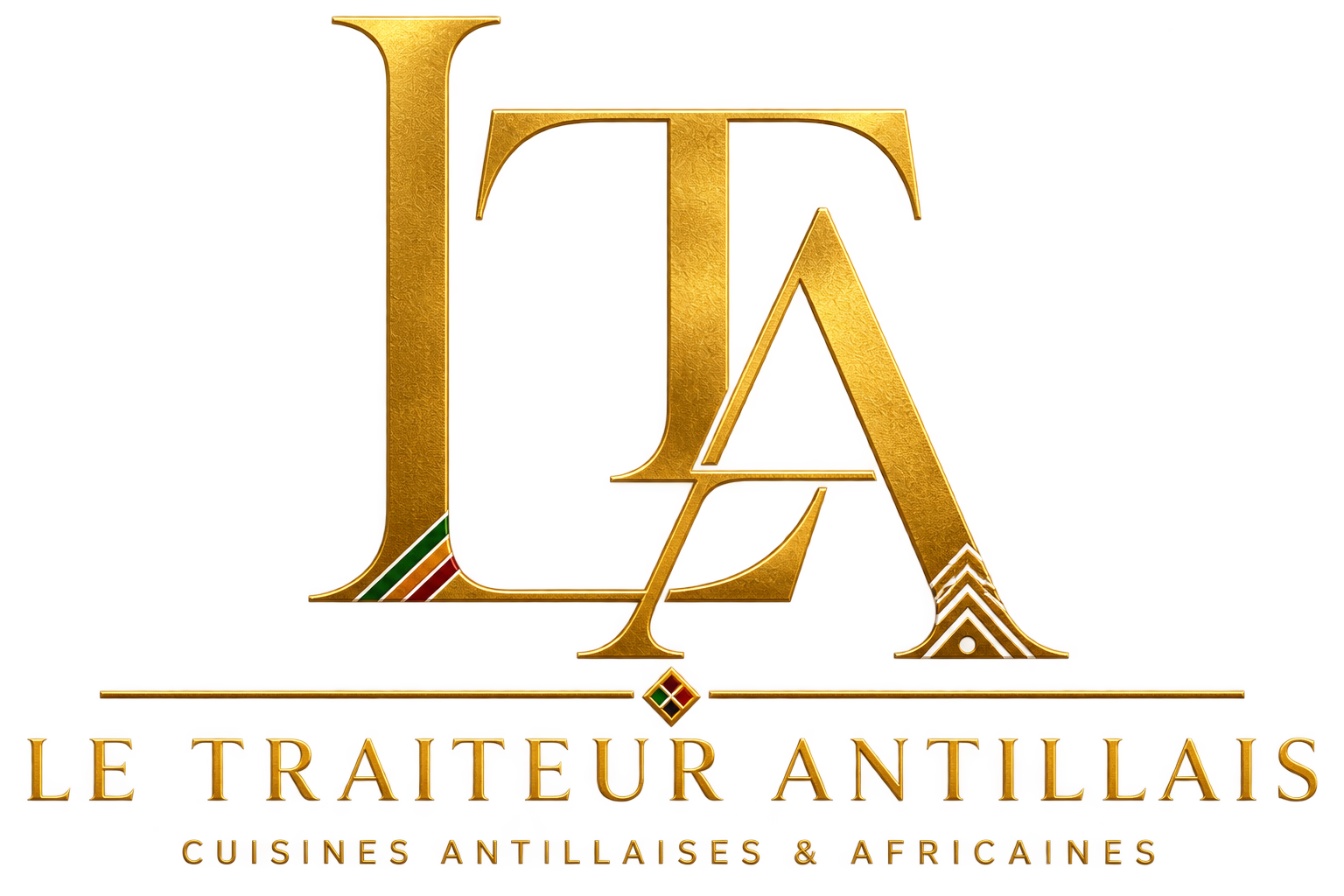 Logo doré comportant les lettres LTA en gros caractères et de petits motifs africains et caribéens, avec le texte suivant en dessous : Le Traiteur Antillais - Cuisines antillaises et africaines...