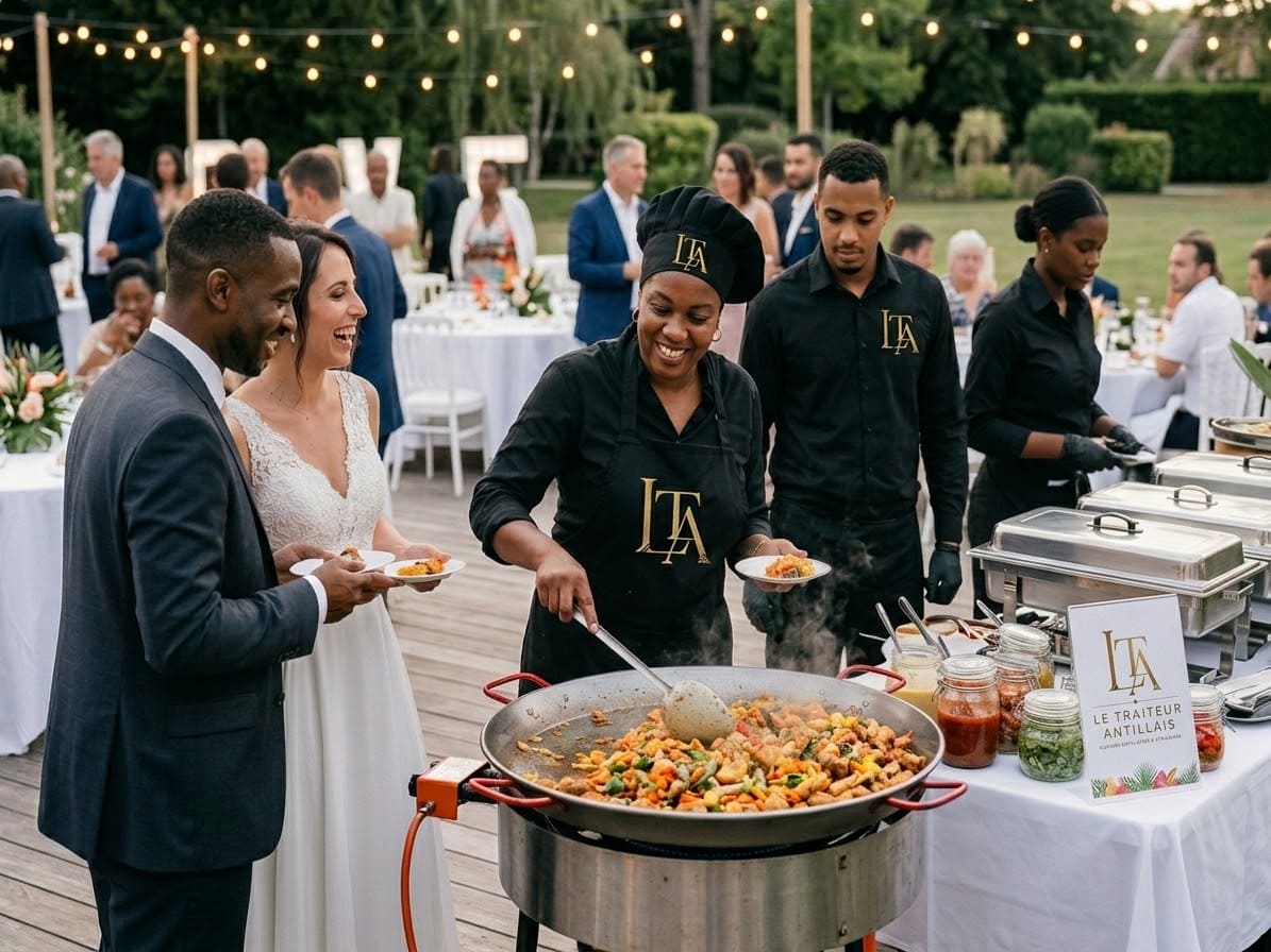 Lors d'une réception de mariage en plein air, un chef sert un plat provenant d'une grande poêle aux mariés, tandis que les invités dînent sous un ciel orné de guirlandes lumineuses.