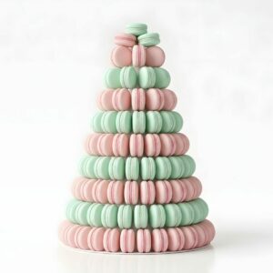 Une présentation en forme de tour, aux teintes rose pastel et vert menthe, de NOS PIÈCES MONTÉES (sélectionnez la pièce montée de votre choix) est disposée en rangées bien ordonnées sur une surface blanche, sur fond blanc et doux.