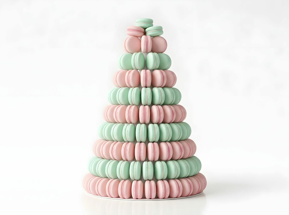 Une présentation en forme de tour, aux teintes rose pastel et vert menthe, de NOS PIÈCES MONTÉES (sélectionnez la pièce montée de votre choix) est disposée en rangées bien ordonnées sur une surface blanche, sur fond blanc et doux.