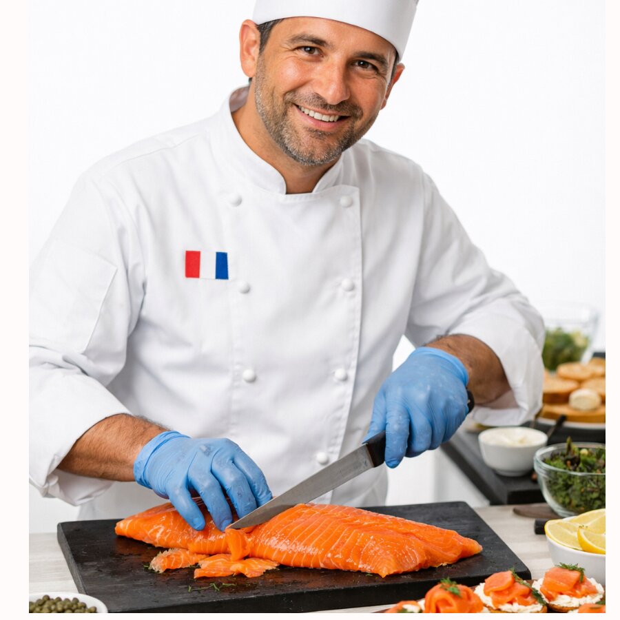 Dans le cadre de l'animation « BAR A SAUMON », un chef souriant, vêtu d'un uniforme blanc et d'une toque, découpe du saumon frais sur une planche à découper noire. Il porte des gants bleus, et divers accompagnements et ingrédients sont disposés autour de lui.