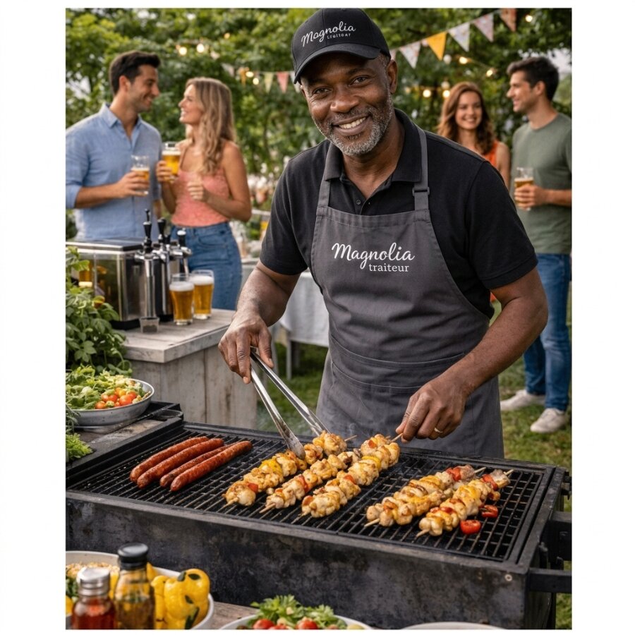 Un homme portant un tablier « BARBECUE PARTY » fait griller des brochettes et des saucisses lors d'une fête en plein air. À l'arrière-plan, quatre personnes sourient et discutent, chacune tenant un verre à la main. L'ambiance est festive, avec de la verdure et des guirlandes suspendues.