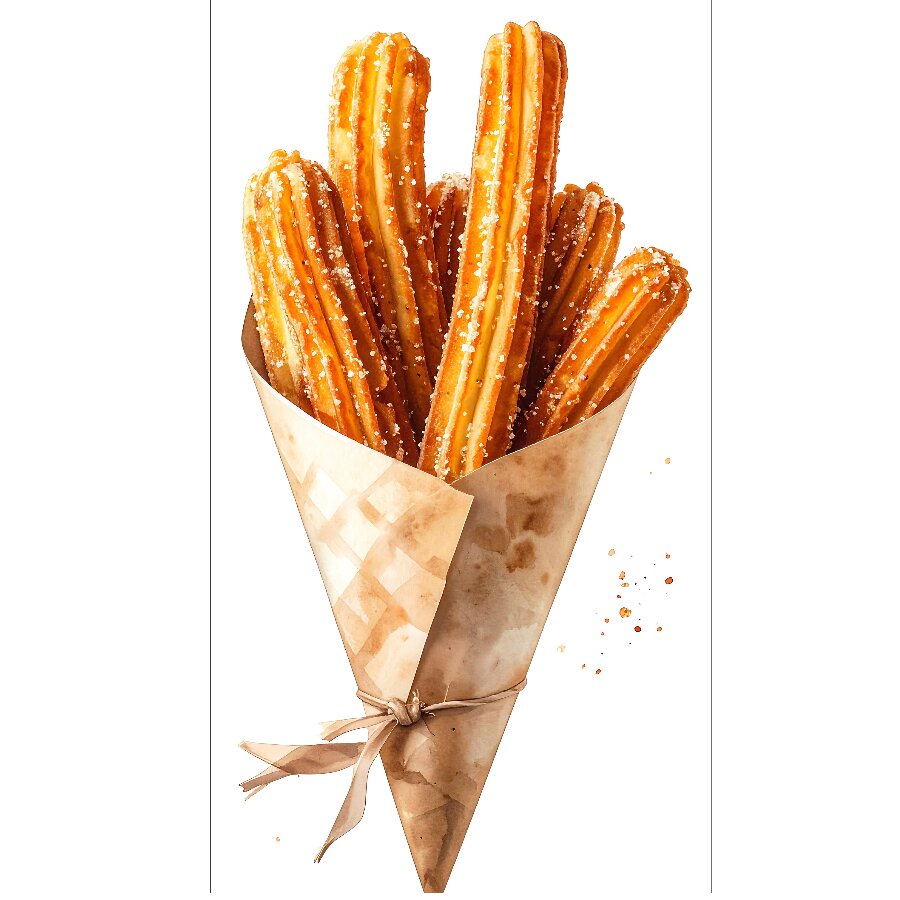 Cinq churros, saupoudrés de sucre et disposés dans un cornet en papier kraft fermé par une ficelle, reposent sur un fond blanc. On distingue des grains de sucre tant sur les churros que sur le papier.