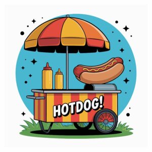 Découvrez le chariot ANIMATION HOT-DOGS : un stand de hot-dogs haut en couleur, doté d’un grand parasol, de bouteilles de moutarde et de ketchup qui attirent le regard, ainsi que d’un hot-dog géant exposé au sommet. Le chariot porte l’inscription « HOTDOG ! » et est installé sur l’herbe, devant un fond bleu parsemé d’étoiles. Commande minimale de 20 hot-dogs requise.