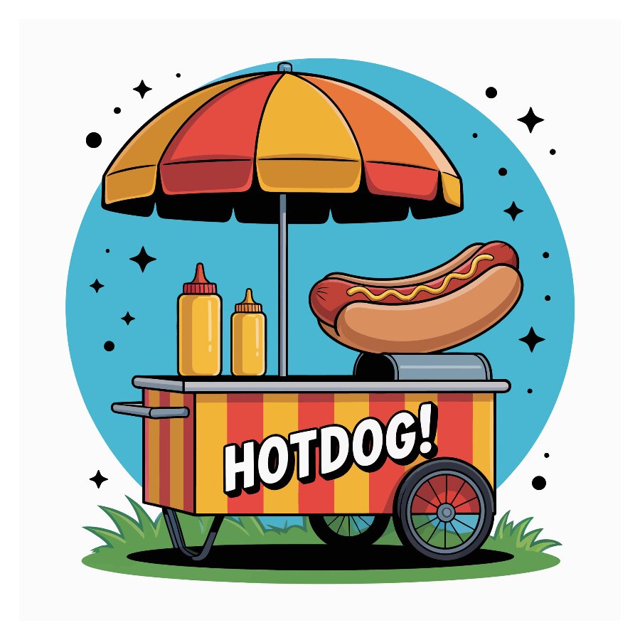 Découvrez le chariot ANIMATION HOT-DOGS : un stand de hot-dogs haut en couleur, doté d’un grand parasol, de bouteilles de moutarde et de ketchup qui attirent le regard, ainsi que d’un hot-dog géant exposé au sommet. Le chariot porte l’inscription « HOTDOG ! » et est installé sur l’herbe, devant un fond bleu parsemé d’étoiles. Commande minimale de 20 hot-dogs requise.
