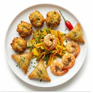 ASSIETTE CRÉOLE : Une présentation décorative composée de crevettes, de trois samosas, de quatre boulettes frites, d'un piment et d'un mélange de légumes sautés, le tout disposé sur une assiette blanche.