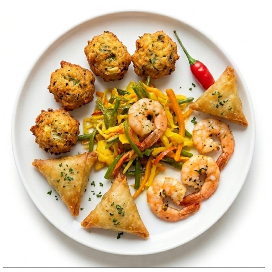 ASSIETTE CRÉOLE : Une présentation décorative composée de crevettes, de trois samosas, de quatre boulettes frites, d'un piment et d'un mélange de légumes sautés, le tout disposé sur une assiette blanche.