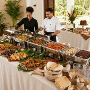 Deux chefs se tiennent derrière une table de buffet aux couleurs vives, où est présenté le buffet des Antilles « CARAÏBES ALL INCLUDED », proposant un assortiment d’entrées, de plats principaux et de desserts. Des appareils de service chauffants, des assiettes en bois et des couverts sont disposés à l'avant, le tout dans un décor tropical festif et encadré par un personnel professionnel — idéal pour les groupes de 30 personnes ou plus.