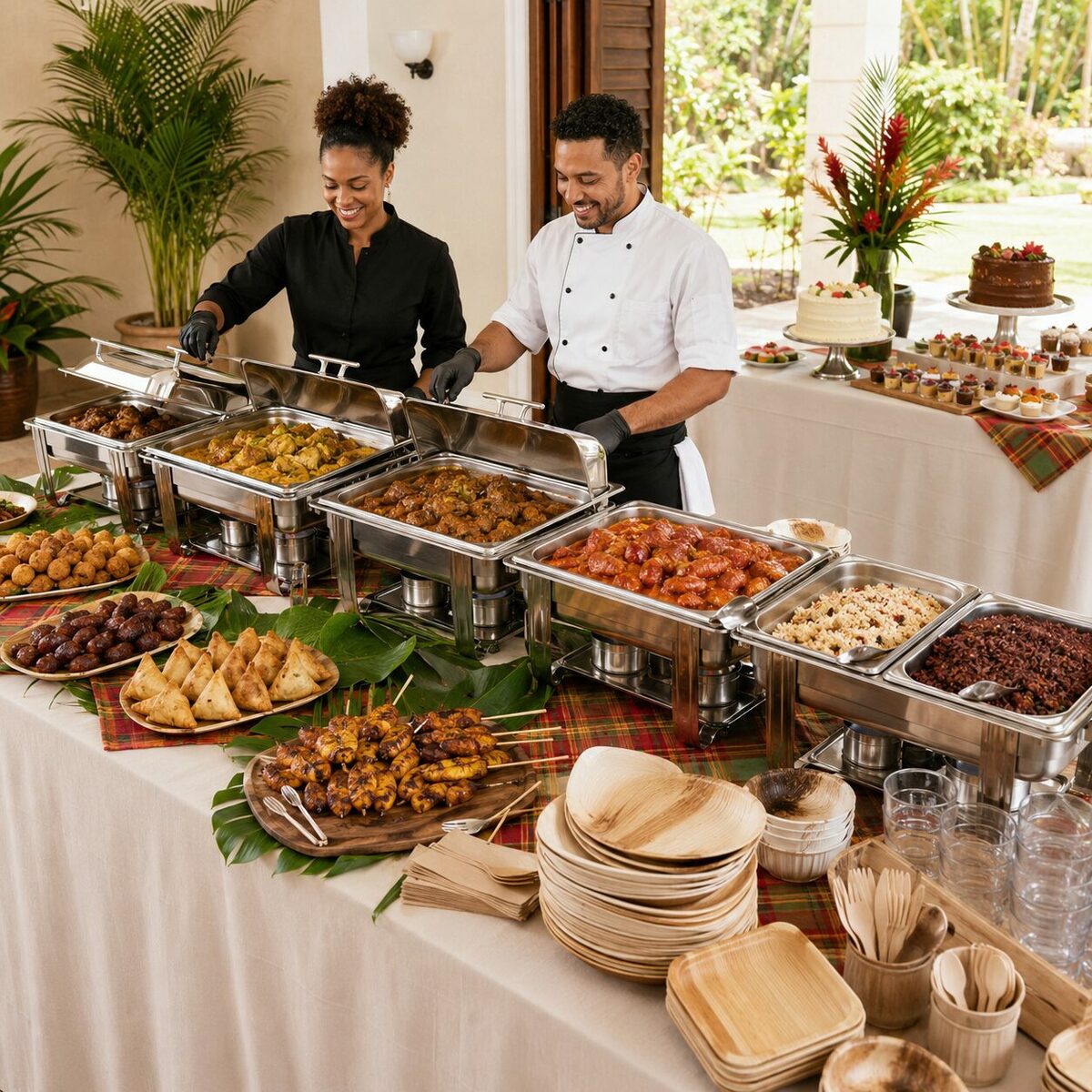 Deux chefs se tiennent derrière une table de buffet aux couleurs vives, où est présenté le buffet des Antilles « CARAÏBES ALL INCLUDED », proposant un assortiment d’entrées, de plats principaux et de desserts. Des appareils de service chauffants, des assiettes en bois et des couverts sont disposés à l'avant, le tout dans un décor tropical festif et encadré par un personnel professionnel — idéal pour les groupes de 30 personnes ou plus.
