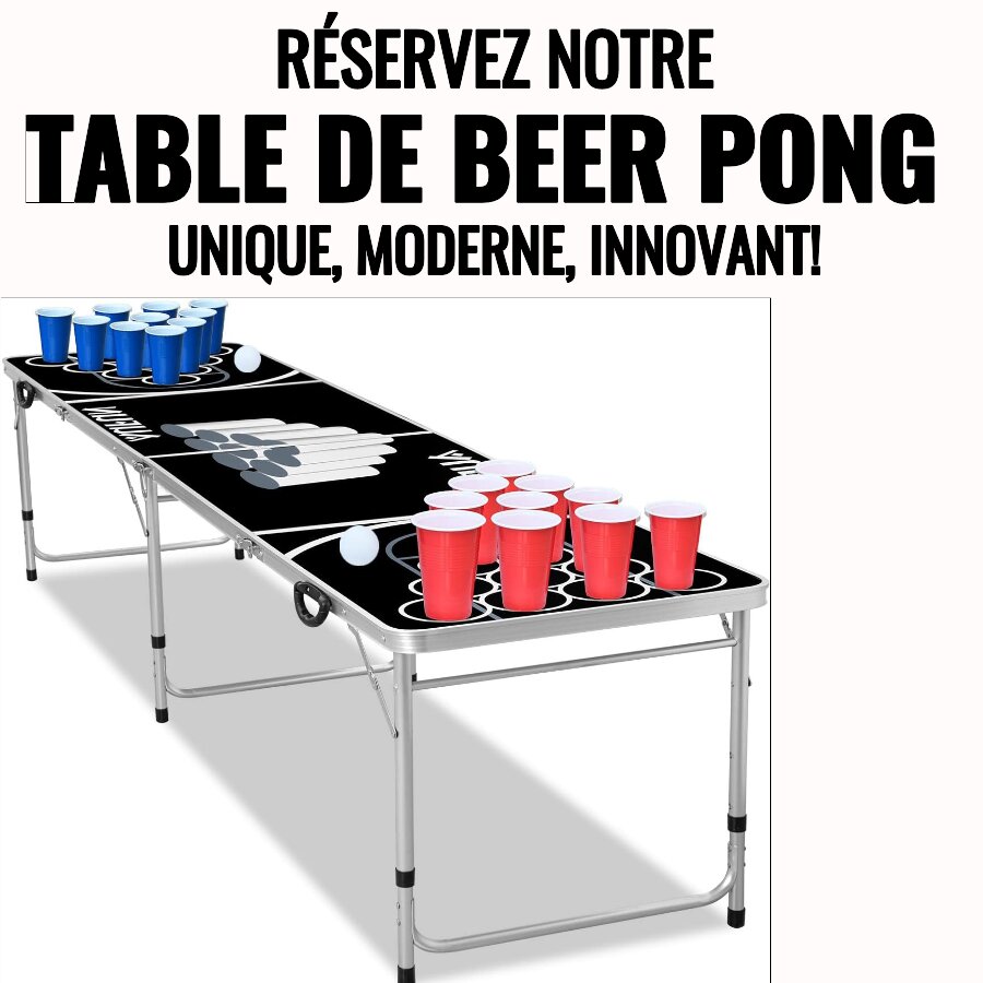 La table de BEER PONG se distingue par son design noir épuré, avec ses gobelets rouges et bleus disposés de manière harmonieuse, ses balles de ping-pong fournies, ainsi qu'un texte en français qui la présente comme un choix unique, moderne et innovant.