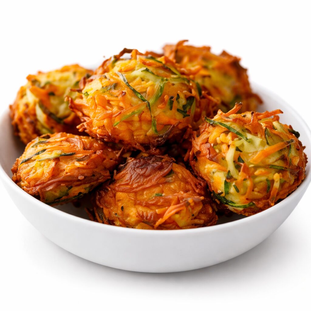 Un bol blanc contient six ACRAS DE LÉGUMES ANTILLAIS (commande 10 pcs mini.), des beignets de légumes croustillants à base de carottes, courgettes et pommes de terre râpées, sur un fond blanc uni.