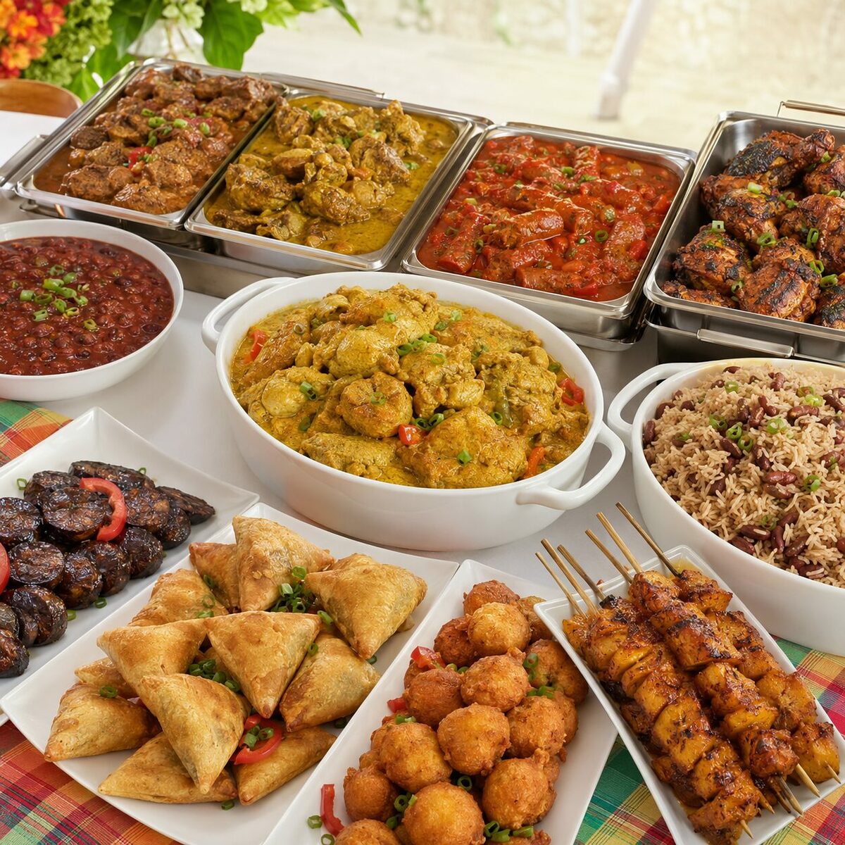 Un « buffet antillais “CARAÏBES” : entrée, plat » pour un minimum de 10 personnes, proposant un large choix de spécialités des Caraïbes telles que le riz aux pois, des ragoûts, du poulet grillé, des samosas, des bananes plantains frites, des brochettes, des boulettes et des haricots — le tout joliment présenté sur des assiettes blanches posées sur une nappe colorée.