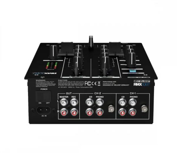 Le PACK SONORISATION est une table de mixage DJ noire, présentée de l'arrière, avec de multiples ports d'entrée/sortie RCA étiquetés pour les canaux CD, phono, master et record, ainsi qu'un interrupteur d'alimentation et une entrée CA.