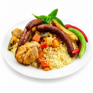 Une assiette de COUSCOUS ROYAL composé de saucisses, de poulet, de légumes et de haricots, agrémenté de menthe fraîche et de piments.