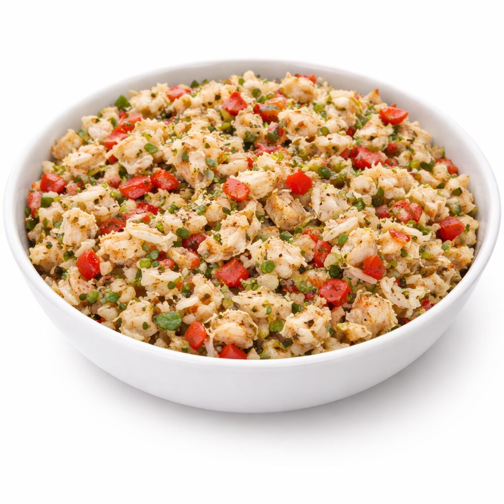 Un bol blanc rempli de CHIQUETAILLE DE MORUE (Minimum 5 portions 150g/Pers), mélangée avec des poivrons rouges coupés en dés, des pois verts et des herbes, le tout finement haché et mélangé de façon homogène.