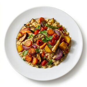 Une portion de COUSCOUS AUX LÉGUMES, composée de couscous garni de carottes rôties, d'aubergines, d'oignons rouges, de tomates cerises et d'herbes fraîches, est présentée sur une assiette blanche devant un fond blanc.