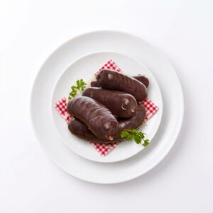 Une assiette contenant plusieurs morceaux de BOUDIN ANTILLAIS 80 GR (commande minimum : 6 pièces) est disposée sur une serviette à carreaux rouges et blancs, agrémentée de persil, et mise en valeur sur un fond blanc.