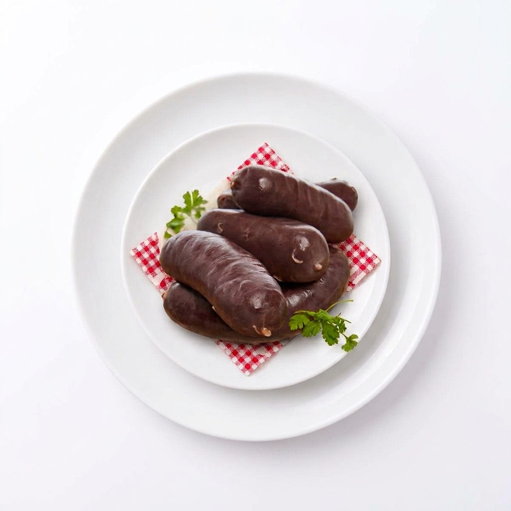 Une assiette contenant plusieurs morceaux de BOUDIN ANTILLAIS 80 GR (commande minimum : 6 pièces) est disposée sur une serviette à carreaux rouges et blancs, agrémentée de persil, et mise en valeur sur un fond blanc.