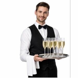 Un serveur vêtu d'un gilet noir et d'un nœud papillon, représentant le « PERSONNEL DE SERVICE (Formule 7h) », tient un plateau sur lequel sont posées sept coupes de champagne remplies et a une serviette blanche drapée sur le bras, le tout sur fond blanc.