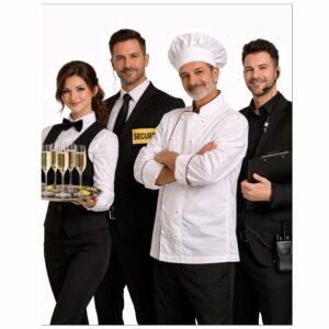 Voici une version remaniée, intégrant les informations sur votre produit : un serveur souriant, tenant un plateau de champagne, se tient aux côtés d’un chef cuisinier, d’un agent de sécurité et d’un membre du personnel événementiel muni d’un casque d’écoute — tous en uniforme —, représentant l’équipe « PERSONNEL DE SERVICE » (Pour que vous n’ayez à vous occuper que de vos invités !) sur fond blanc.