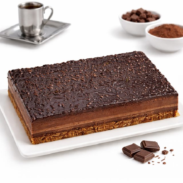 La CRAQUELINE AU CHOCOLAT (Pour 12/16 Pers), un gâteau rectangulaire à la mousse de chocolat avec une base croustillante et un nappage au chocolat brillant, est présentée sur un plateau blanc avec des morceaux de chocolat, du café et des bols de poudre de cacao et de morceaux à proximité.