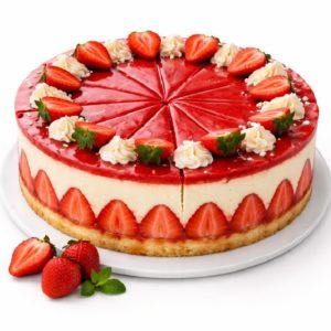 Découvrez le FRAISIER (12 parts) : un gâteau au fromage à la fraise rond recouvert d'un glaçage à la fraise, de crème fouettée et de fraises fraîches coupées en deux, avec des tranches de fraises décorant les côtés - parfait pour le partage.