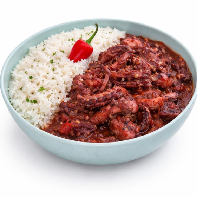 Un bol de FRICASSÉ DE CHATROU (250g) avec du riz blanc, des herbes, du poulpe épicé en sauce rouge et un piment rouge entier. Commande minimum : 5 portions.