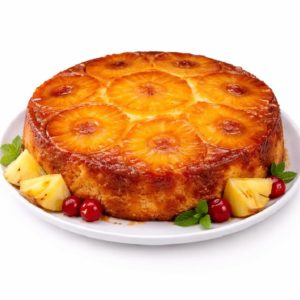 GÂTEAU À L'ANANAS FAIT MAISON (Gâteau de 10 parts) : un gâteau rond à l'ananas recouvert d'anneaux d'ananas glacés, décoré de cerises, de tranches d'ananas et de feuilles de menthe sur une assiette blanche.