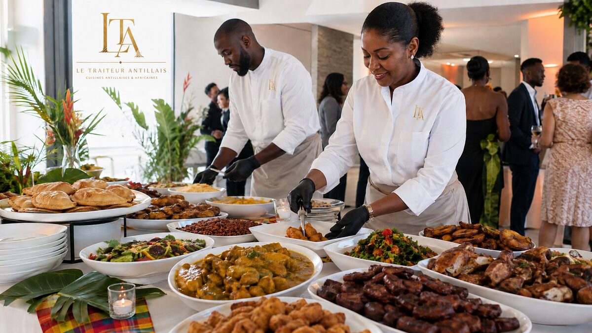 Deux traiteurs en chemise blanche servent un assortiment de plats des Caraïbes depuis une table de buffet lors d'un événement organisé en intérieur, avec des invités en arrière-plan. La table est garnie de viandes, de légumes, de pâtisseries et de verdure décorative.