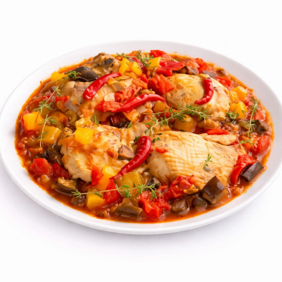 Une assiette blanche contient des MIJOTÉS DE POULET AUX LÉGUMES ET BANANES FRITS (300g), des cuisses de poulet dans une sauce à base de tomates avec des poivrons jaunes et rouges, des aubergines, le tout agrémenté de piments rouges et d'herbes fraîches.