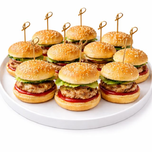 Un plateau blanc présente neuf MINI CHEESEBURGERS (25g/chacun), chacun sur un petit pain au sésame avec de la laitue, de la tomate, du fromage, et fixé avec un cure-dent décoratif. Commande minimum : 20 pièces.