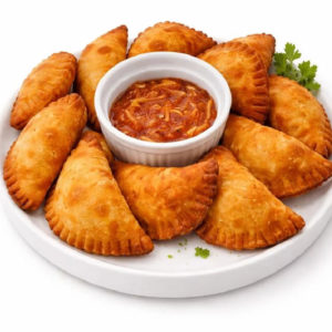 Une assiette blanche avec des PASTEL DE POISSON dorés (Minimum de commande 10 pièces) disposés en cercle autour d'un petit bol de sauce rouge, garni de coriandre.