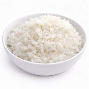 Un bol blanc rempli de RIZ BLANC (Minimum de commande pour 5 pers/200g/) se trouve sur un fond blanc uni.