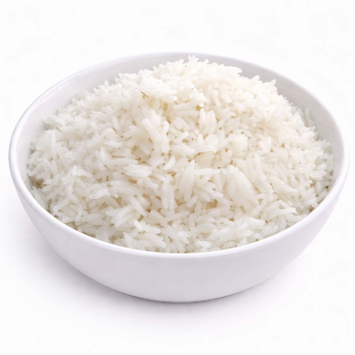 Un bol blanc rempli de RIZ BLANC (Minimum de commande pour 5 pers/200g/) se trouve sur un fond blanc uni.
